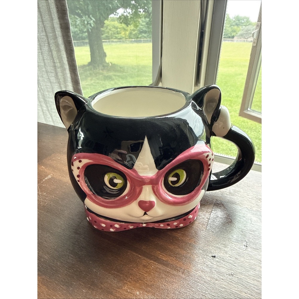 3D~" Cat With Glasses" Desk Mug~ Black/white/ Pink~ Decor Mug Coffee Tea